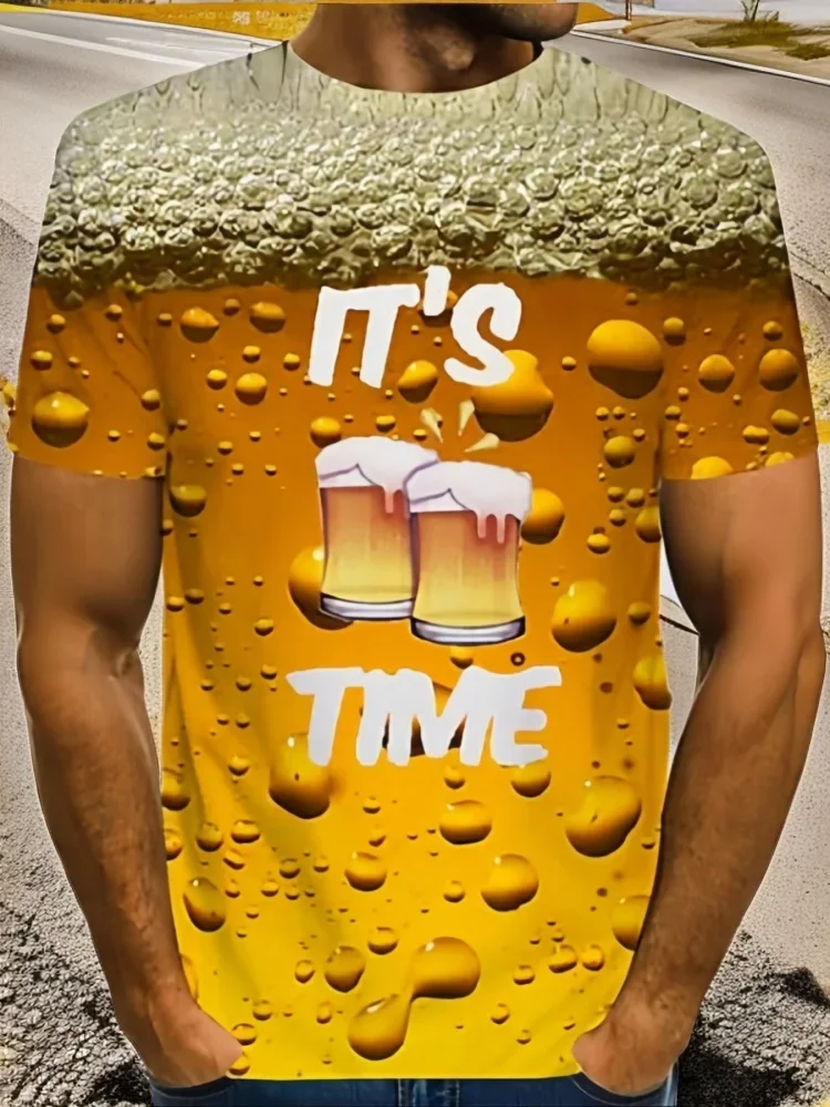 Hot Selling Men It's Beer Time T-Shirt Realistic Beer Foam Droplet Graphic 3D Print Short Sleeve Funny Drinking Novelty Tee Tops
