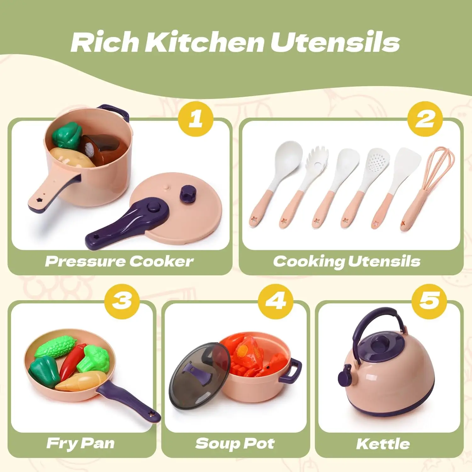 Kids Mini Pretend Cooking Playset Acccessories Kitchen Toys Set 35/71pieces Toddlers with Pots Pans Utensils Cookware Xmas Gifts