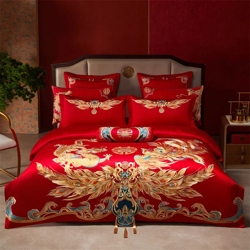 

Свадебный комплект постельного белья в китайском стиле с вышивкой Дракона Феникса и кисточками, пододеяльник из египетского хлопка, простыня, наволочки 4/6/9 шт.