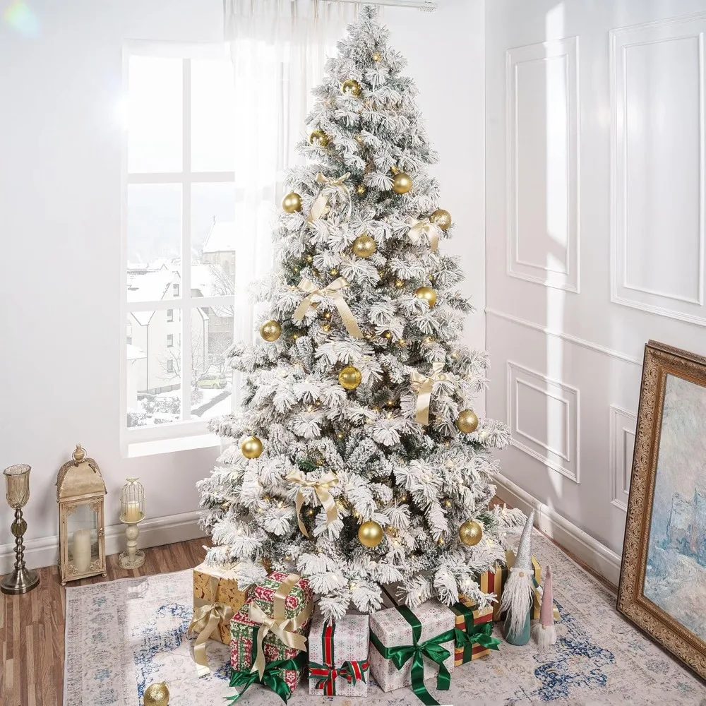 

7.5ft Snow Flocked Christmas Tree with Lights, Realistic Frosted Christmas Tree Prelit with 892 Branch Tips, 550 Warm Lights