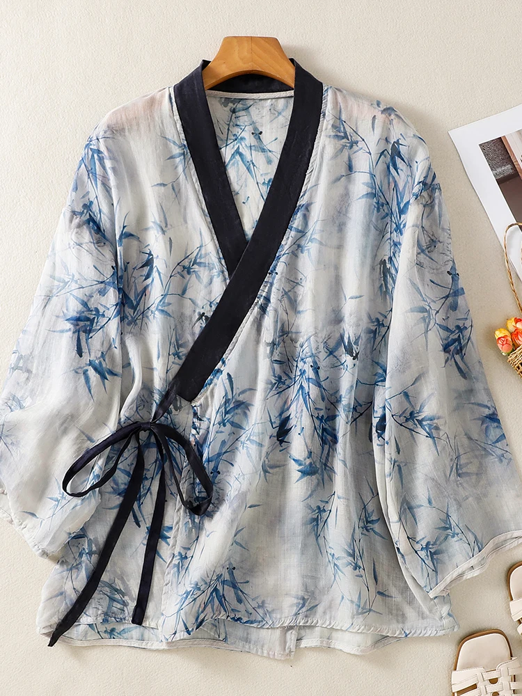 New Chinese Style Thin Cotton Shirt Women's Summer Bamboo Leaf Print Indigo Collar Slimming Top Zen Tea Clothing Dream Qing S...