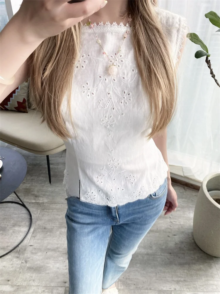 

Susan Ref French Sle, ажурный льняной жилет с вышивкой, женская модная летняя дышащая повседневная верхняя одежда