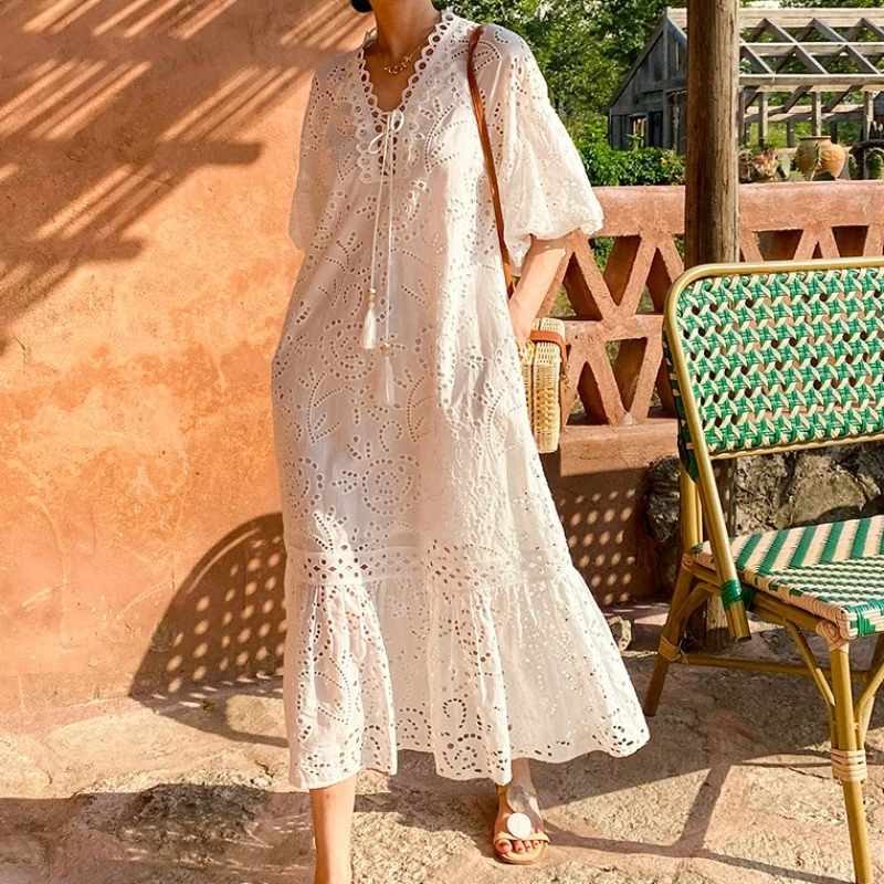 

Dresses Women Puff Sleeve V Neck Lace Up Long Dress Loose Pockets Hollow Out Spliced Vestidos Party Casual Patchwork White