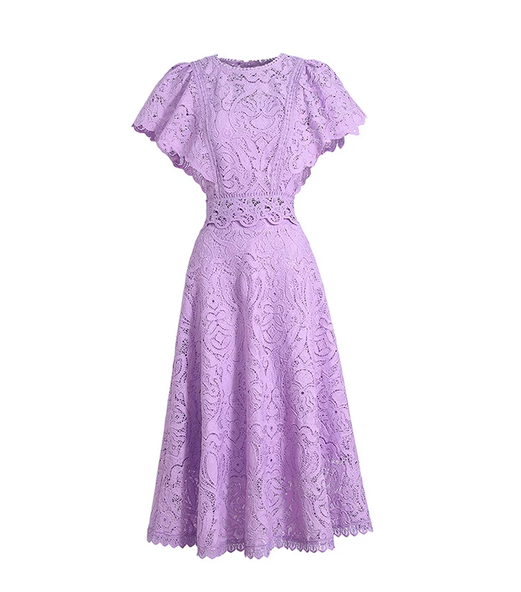 

Women Purple Floral Lace 2 Piece Outfit High Waist Pleated Skirt Short Sleeve Blouse Elegant Evening Cocktail Prom Suit