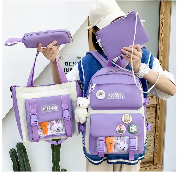 4Pcs/Set Large Capacity Cute Multi-Pocket Nylon Backpack Ins Junior High School School Bag Laptop Book Girl Purple Backpack