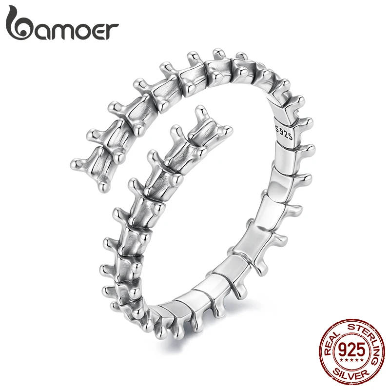 

Bamoer 925 Sterling Silver Bold Spine Open Ring Adjustable Vintage Ring for Punk Women Dark Aesthetics Halloween Jewelry Gift