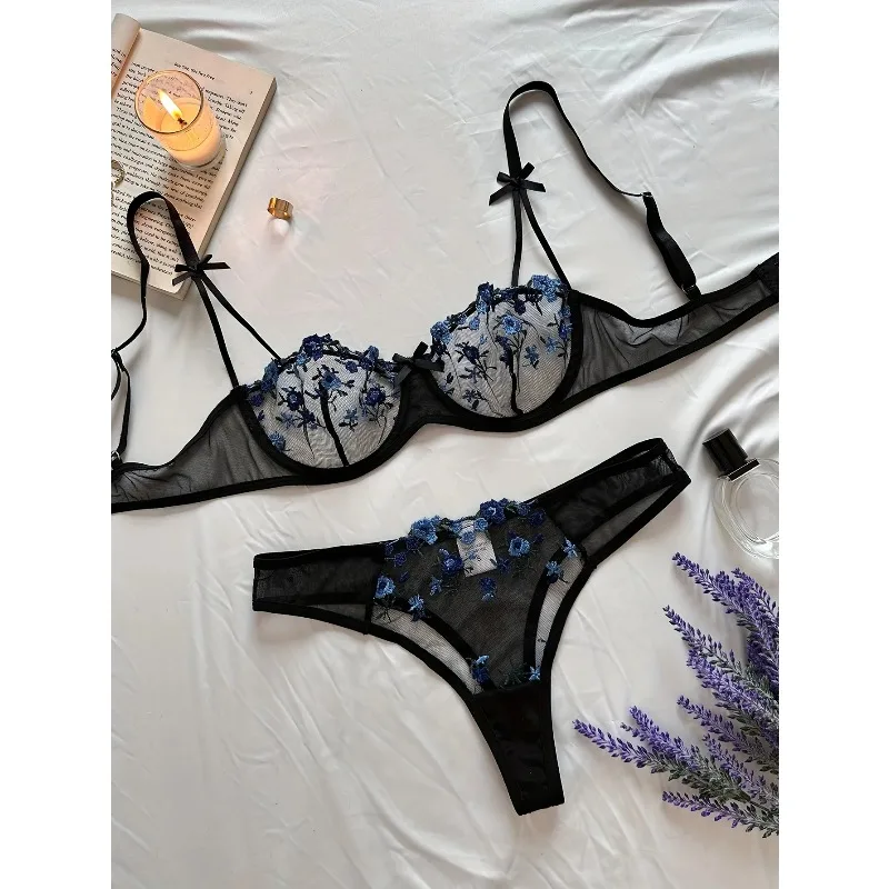 Noite linda sexy feminina 2 peça floral bordado roupa interior sexy lingerie erótica conjunto lingerie sexy de femmes 2025