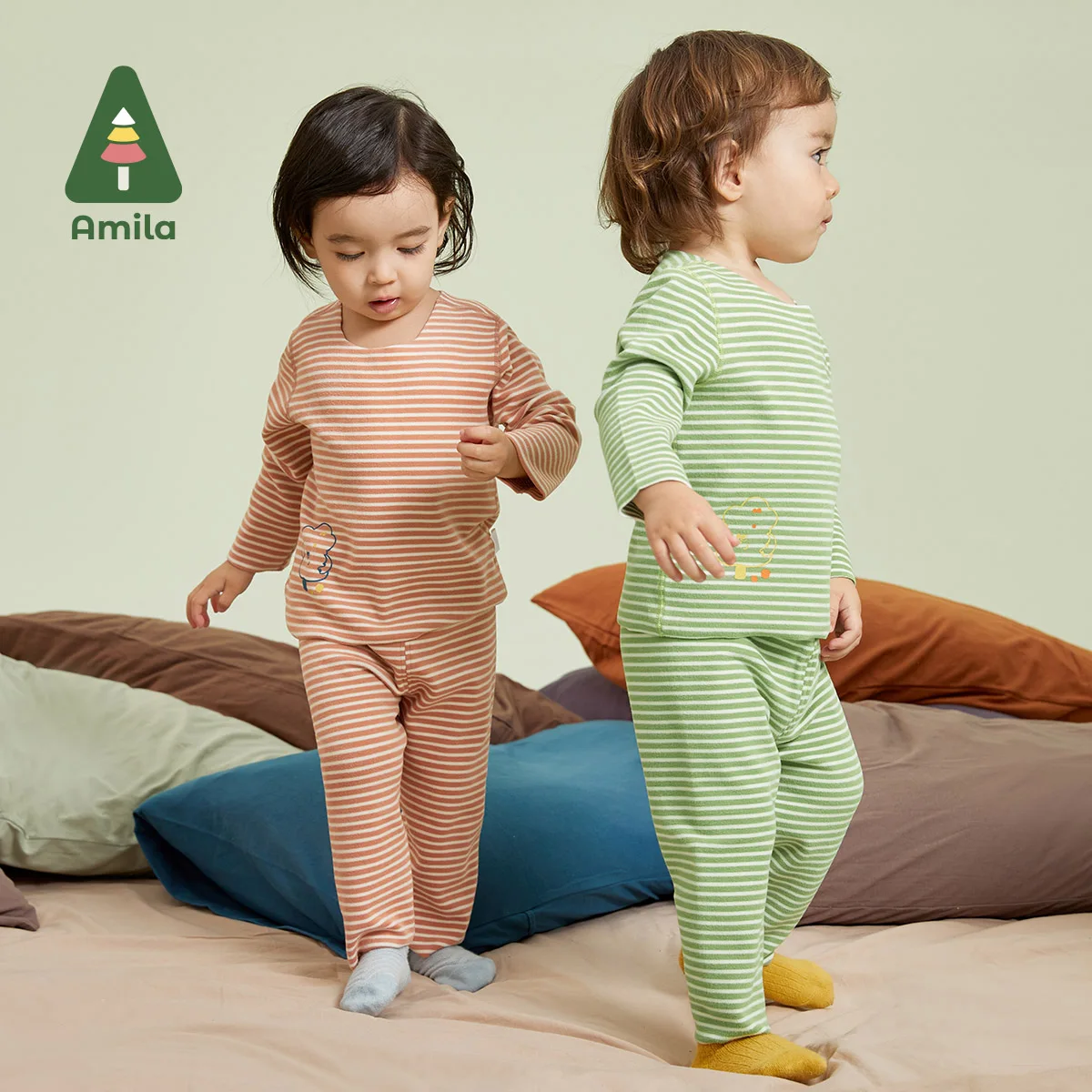 Amila Baby Underwear Set 2023 Autumn New Seamless Cutting Colors Pattern Printing  Boys Girls Cotton Children  Homewear Clothes