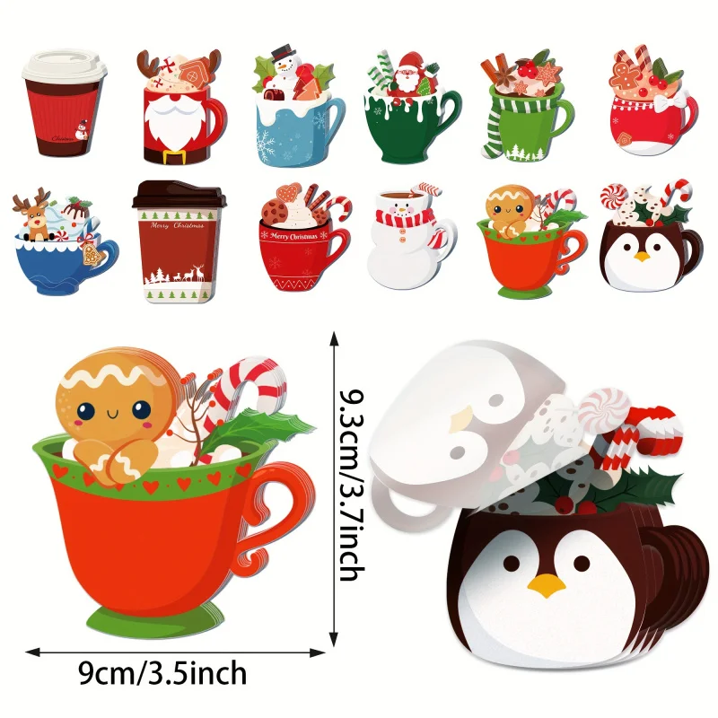 12Christmas Tea Cup Note Pad Set Santa Claus Elk Theme Notepad Winter Festival Stickers Sticky Notes Christmas Sticky Notebook f