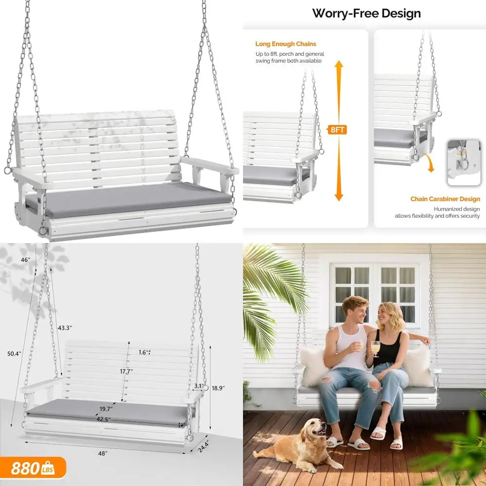 أرجوحة الشرفة الخشبية شديدة التحمل بوزن 880 رطلًا مع وسائد ومقعد معلق قابل للتعديل للفناء الخارجي