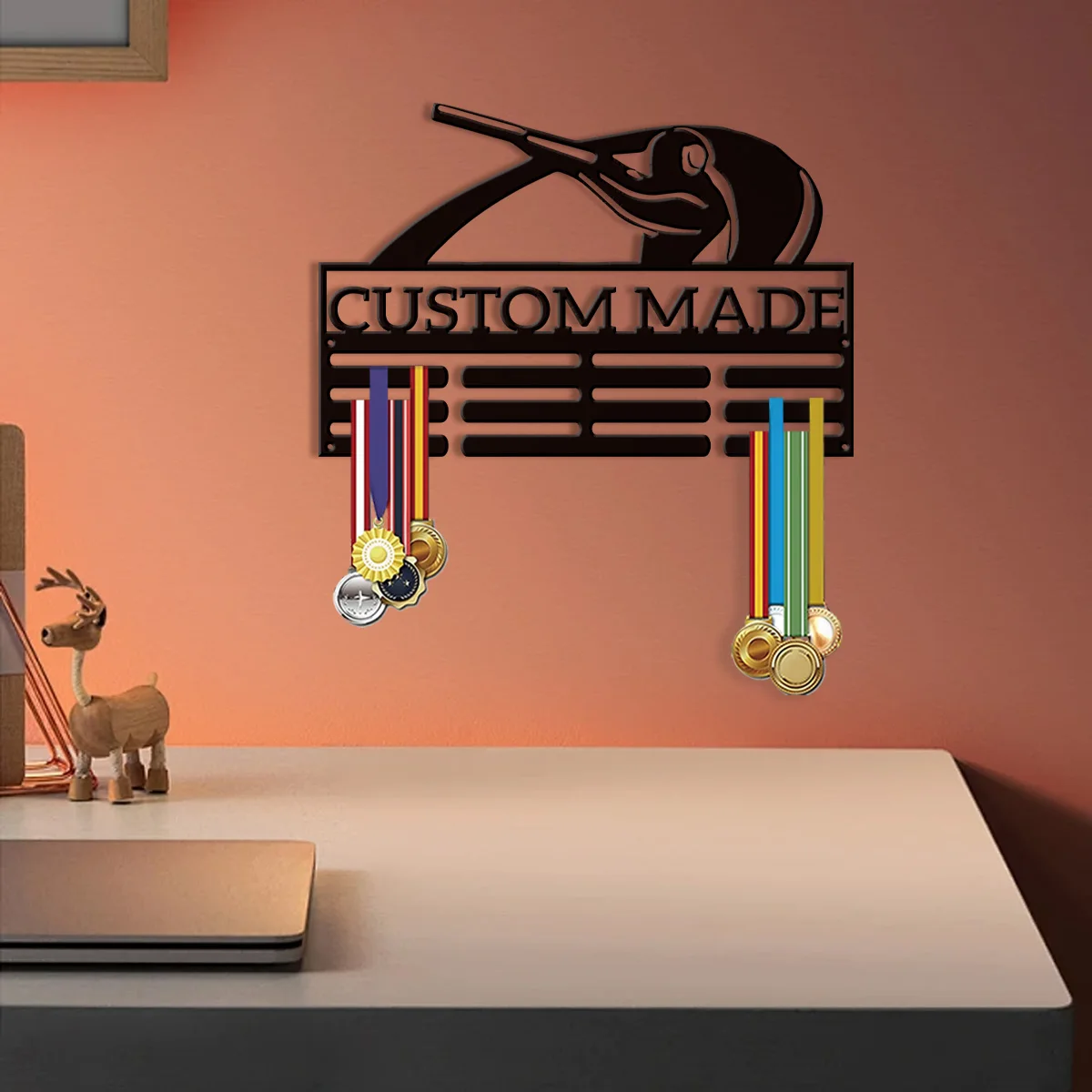Warm home customization shooter Easy to install wall mounted custom medal rack with 50 retro metal sports patterns and customiz