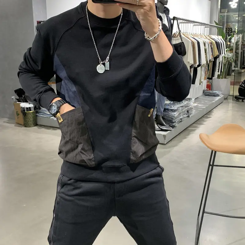 Fashion O-Neck Spliced Pockets Printed T-Shirt Men\'s Clothing 2022 Autumn New Oversized Casual Tops All-match Korean Tee Shirt