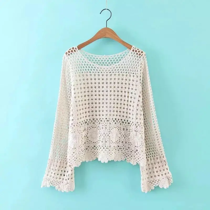 Long-sleeved crocheted hollow lace bottoming shirt women t shirt summer Korean long sleeve o neck thin top sunscreen t shirt