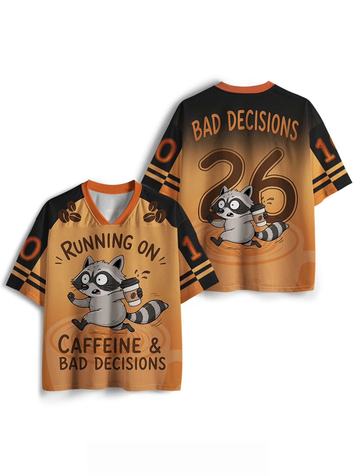 Unisex Y2K Cartoon Raccoon Coffee Graphic Mesh Jersey V‑Neck Short Sleeve Breathable Loose Streetwear Personality Sports Tops