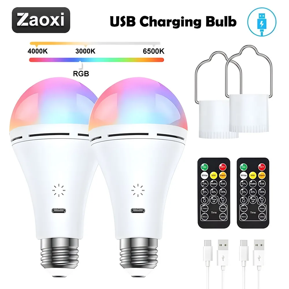 ZAOXI lampu bohlam pengisi daya USB 9W, lampu darurat rumah tangga dengan kait E26, lampu suhu 3 warna, kontrol sentuh