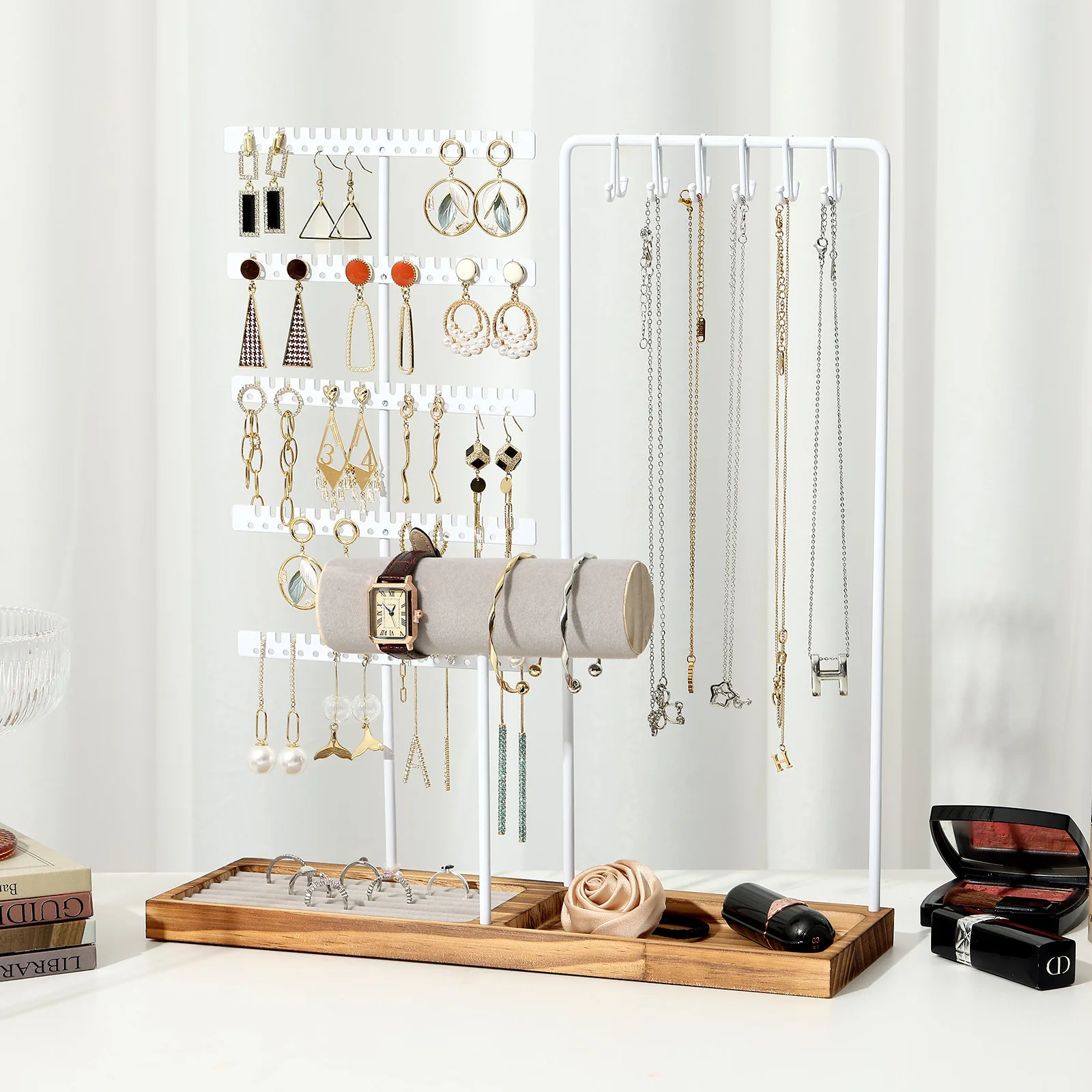 Multi‑Layer Jewelry Display Stand with Wooden Base Metal Earring Necklace Bracelet Ring Desktop Storage Organizer