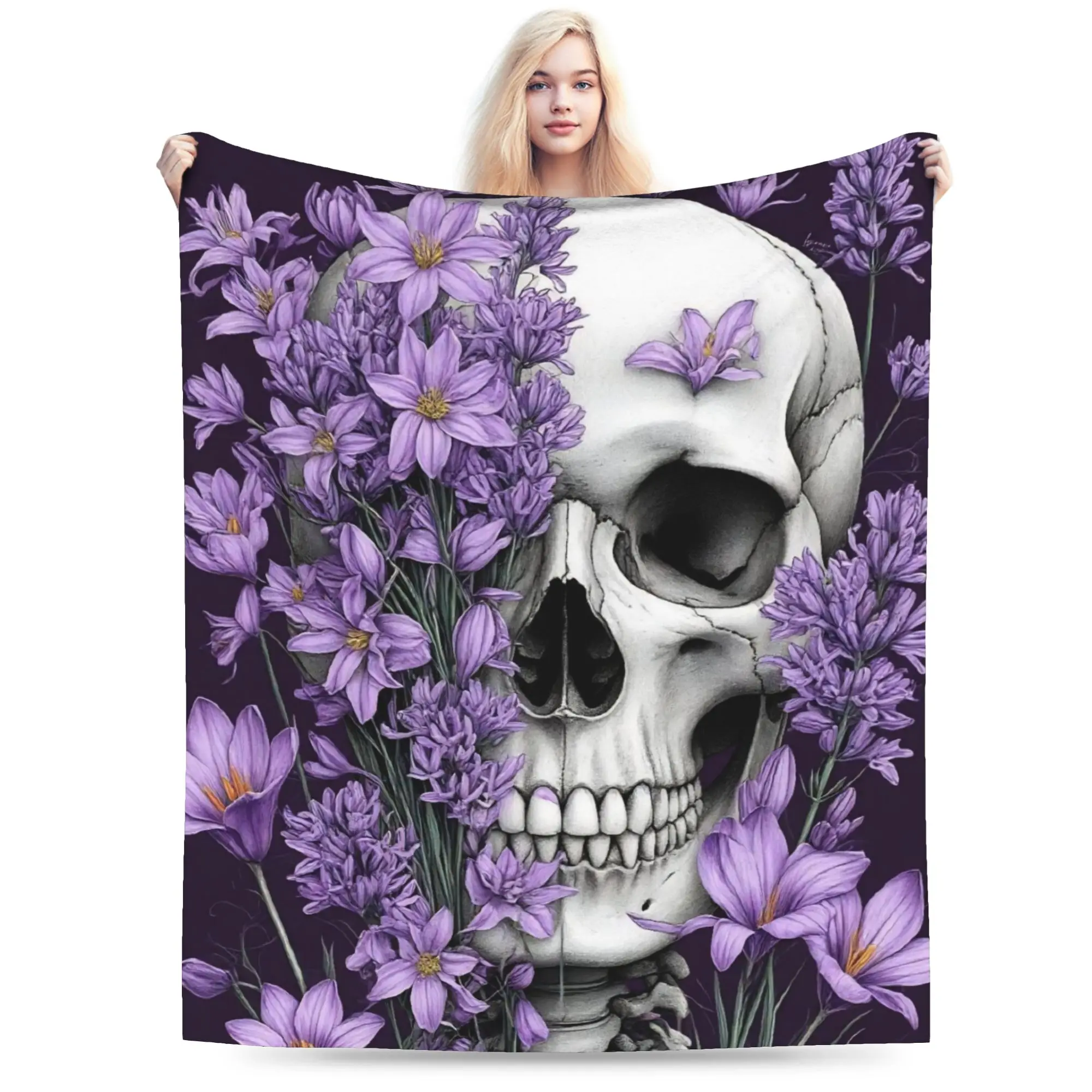 Super Soft Halloween Skulls And Flowers Gothic Goth Throw Blanket Premium Fleece Flannel Lightweight Bed Blanket Plush Blankets