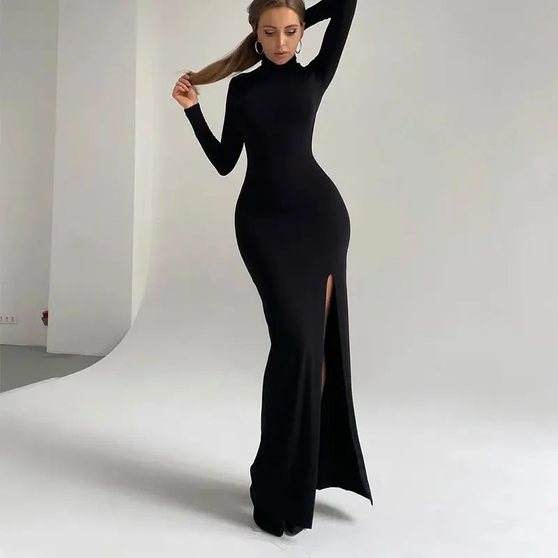 

Autumn New Dresses Women Sexy Black Split Elegant Maxi Dress Streetwear Fashion Long Sleeves Casual Slim Turtleneck Lady Dresses