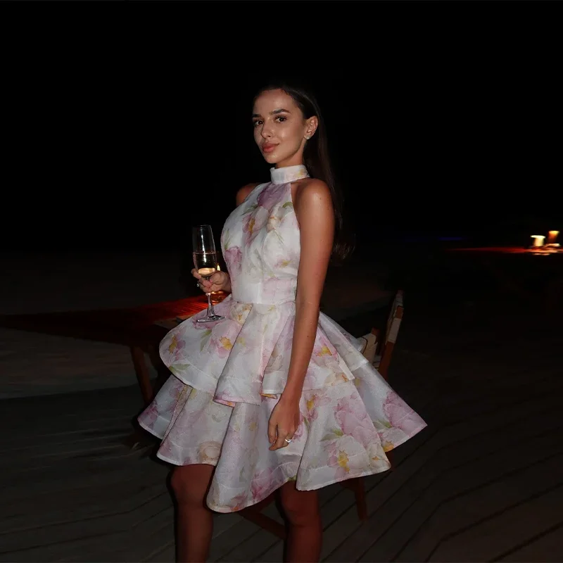 Bedrucktes rückenfreies Neckholder-Puffy-Kleid für Damen, ärmellos, rückenfrei, hohe Taille, sexy Urlaubskleider, 2022, Sommer-Partykleid, Damen-Robe