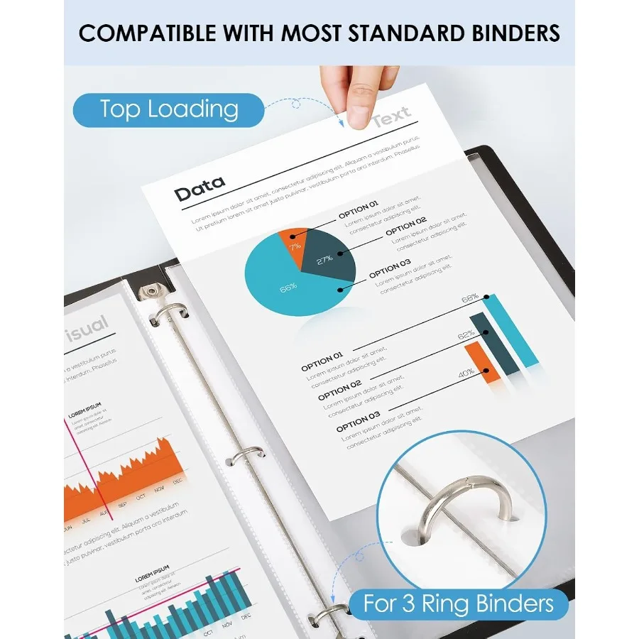 Okładki na dokumenty 8,5 x 11 cali, przezroczyste, do segregatora 3-ringowego, plastikowe koszulki na dokumenty, wkładane od góry.