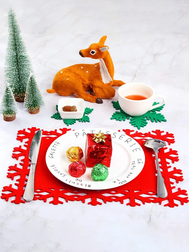 12pcs Christmas Placemats Creative Snowflake Shaped Felt Non Slip Coasters