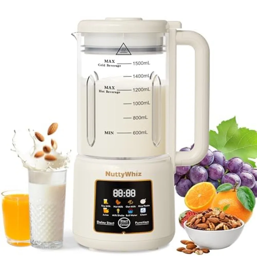 

Многофункциональная машина для приготовления растительного молока 8-в-1 с 12 лезвиями из нержавеющей стали, 1,5 л – без замачивания, самоочистка, отложенный старт, подогрев для миндального, соевого, овсяного молока и молока из семян подсолнечника