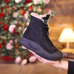 Women Cotton Shoes Plush 2024 Winter Thick Sole Zipper Anti Slip Warm Ankle Boots Lace Up Platform Height Increasing Snow Boots