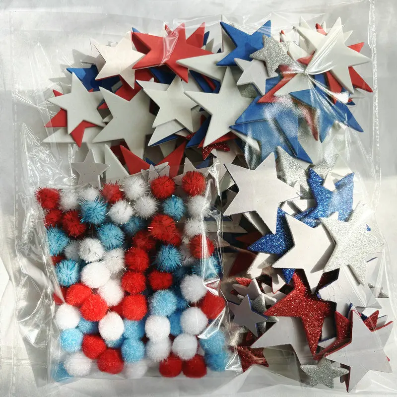240PCS/Lot Crafts of July 4th independence Day Red blue white star foam stickers pompoms Holiday project Fourth of July US
