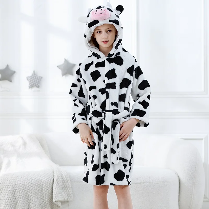 MICHLEY Cow Dinosaur Flannel Kids Bathrobe Bath Robe Pajamas Robe Cartoon Children Hooded Sleepwear Clothes For Girls Boy 3Y-13Y