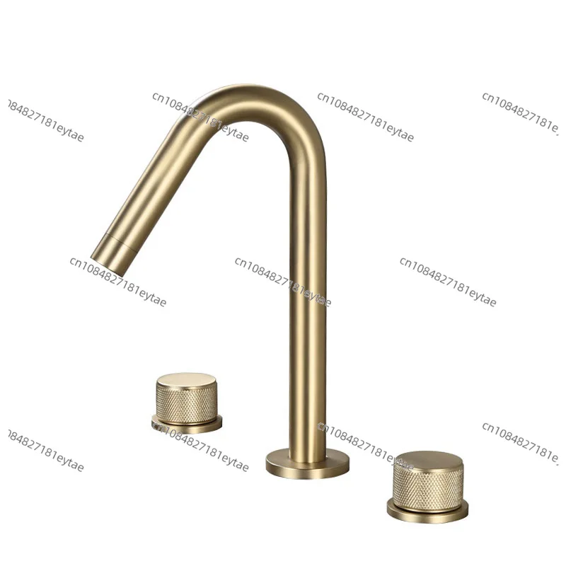 Simplified gun ash 3-hole faucet brushed gold split double bathroom washbasin, refined copper three-hole hot and cold faucet