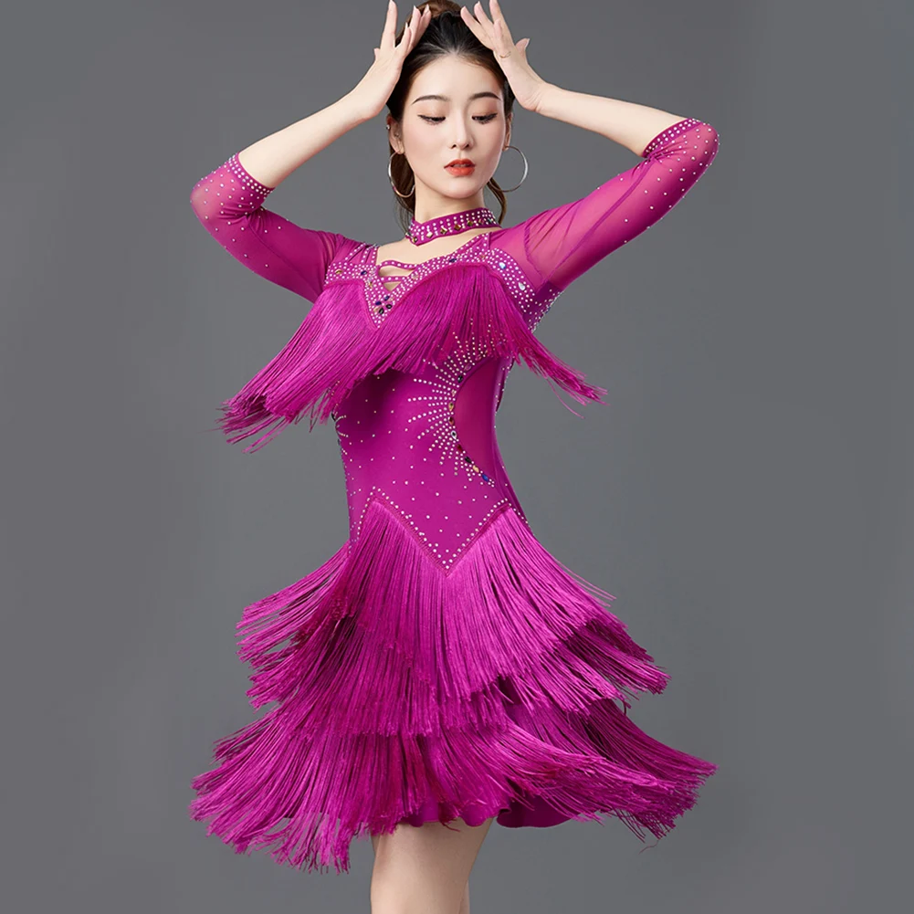 فستان تانجو من حجر الراين فستان رقص لاتيني نسائي جديد أسود للمنافسة فستان أصفر طويل الأكمام أحمر طويل الأكمام