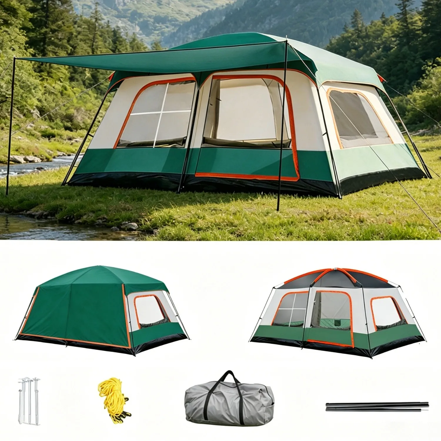 Tente de camping pliable pour 2 à 4 personnes avec auvent étendu, tente tunnel coupe-vent anti-UV, tente de randonnée pour la plage, le pique-nique et la randonnée