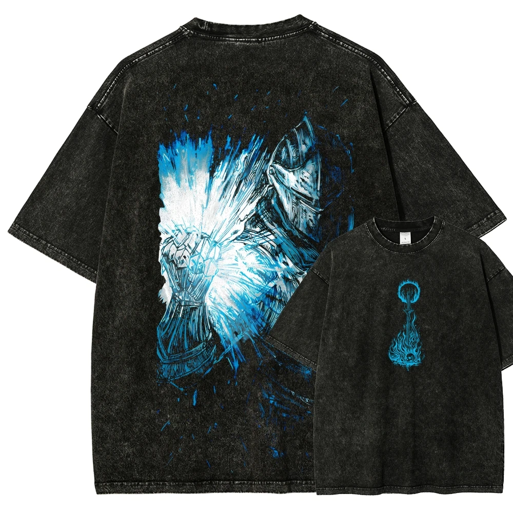 Action Game Dark Souls Graphic Print T-shirt Women Men Retro Washed O-neck Cotton Loose Casual Oversized Streetwear FashionTop