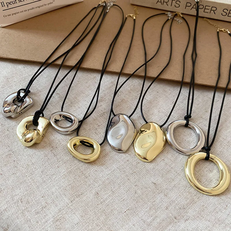 Punk Large U-Shape Geometric Pendant Necklace Women MenHorseshoe Adjustable Long Leather Rope Sweater Chain Necklaces Jewelry image 5