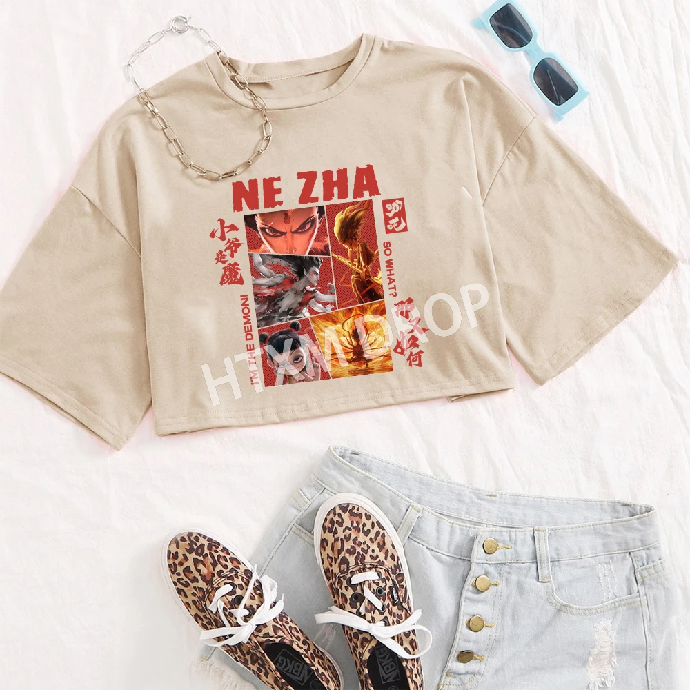 Ne Zha Nezha Comic NeZha 2 Meninas O-pescoço Casual Mulheres Camisas Crop