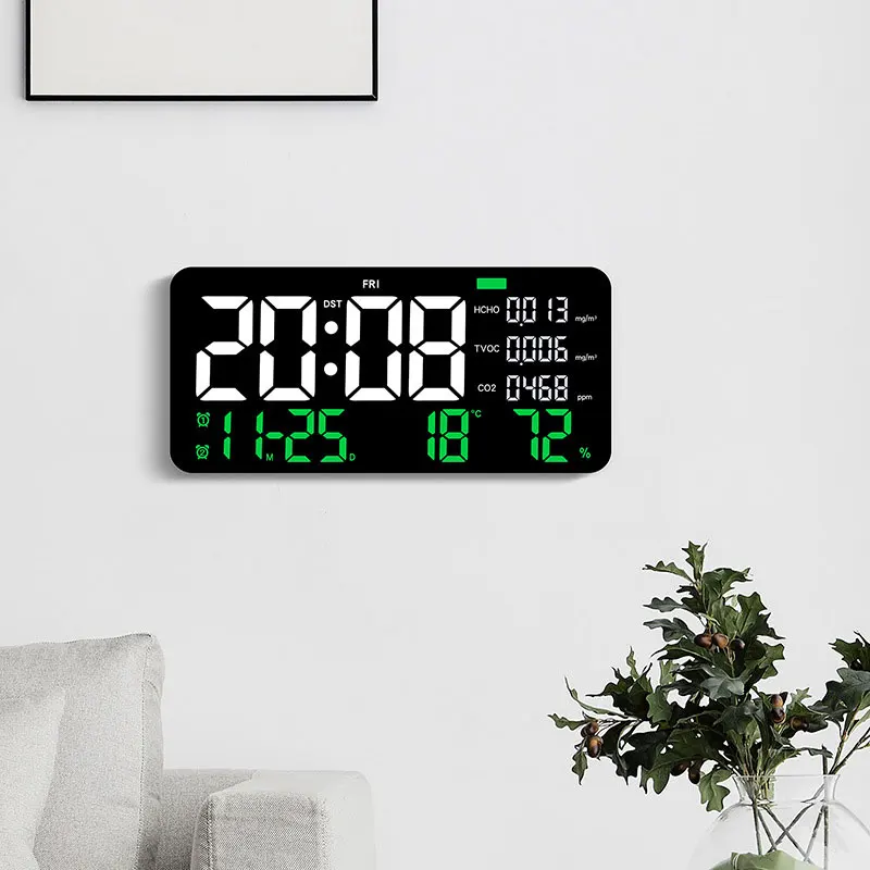 Imagem -04 - Led Relógio de Parede Digital com Controle Remoto para Quarto Relógio Decorativo Formaldeído Co2 Display Tvoc Reconhecimento de Fumaça Contagem Regressiva