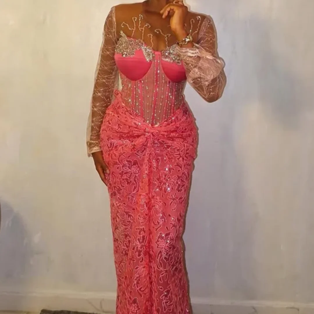 Vestido de cumpleaños africano nigeriano de encaje con cuentas de lujo, vestido de recepción de boda de encaje rosa, vestido de fiesta de noche de talla grande personalizado