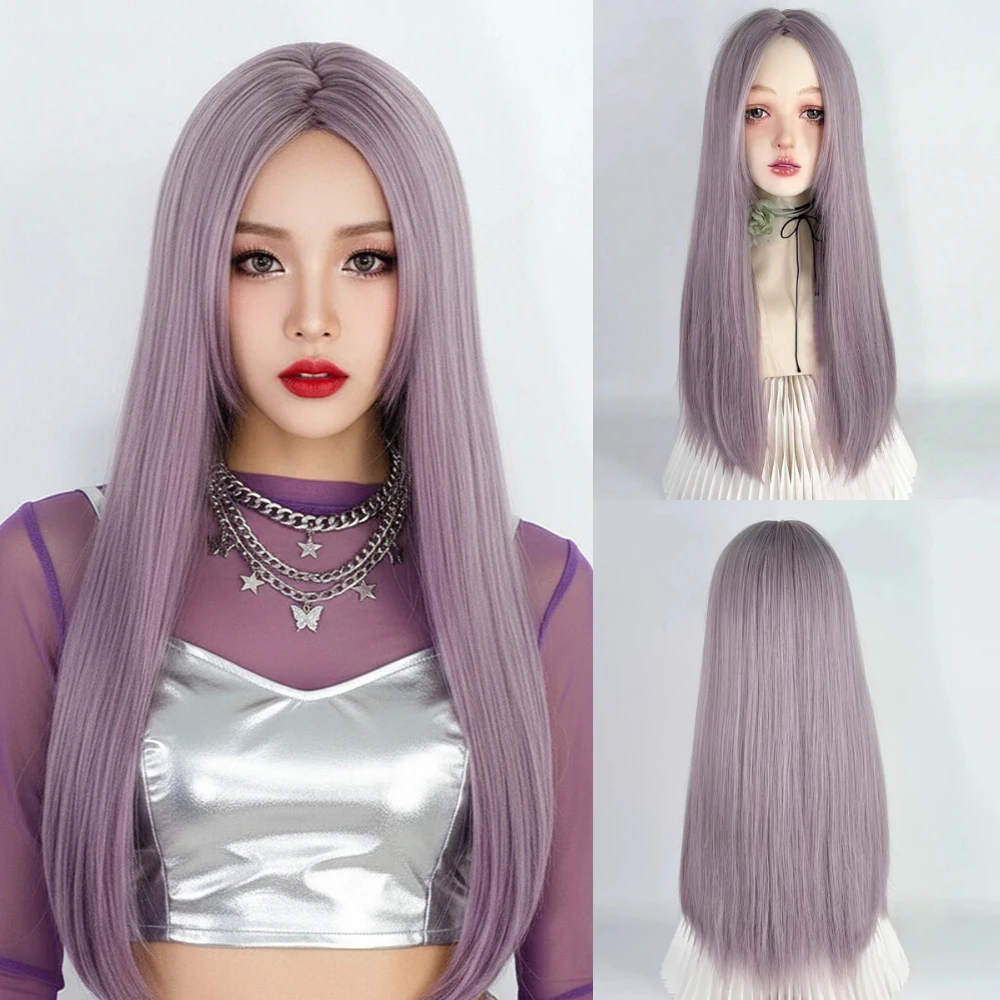 

Women's Heat Resistant Long Straight Lolita Wig With Bang Synthetic Purple Material for Cosplay Party Daily Wear