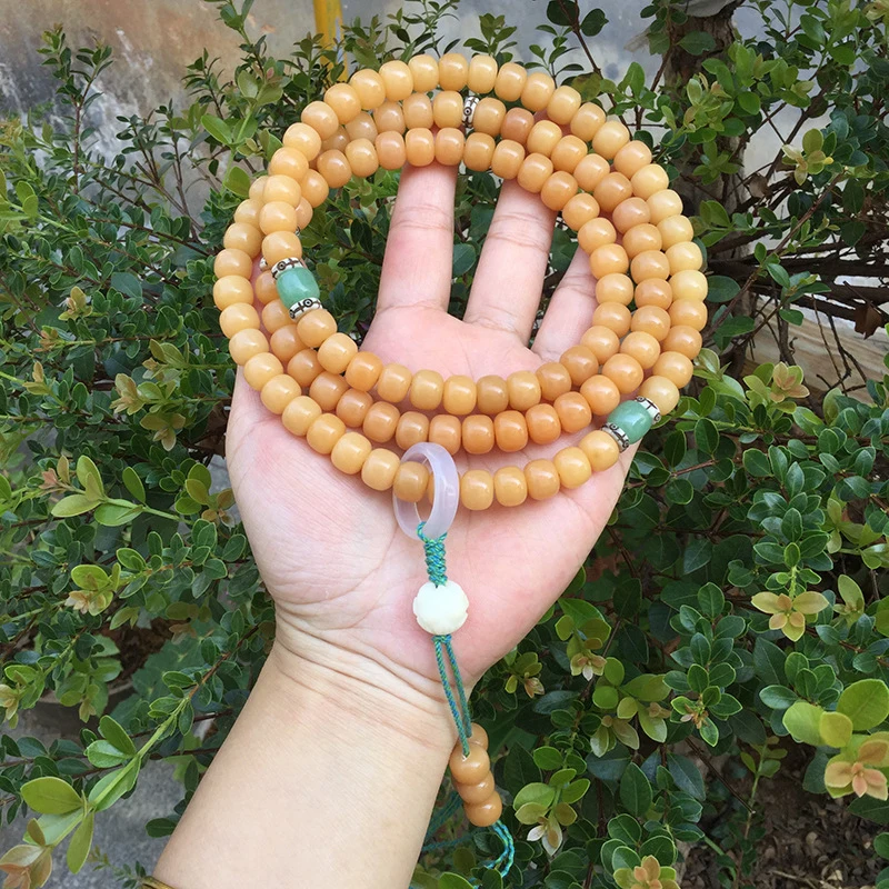 Weathered , 108 Yellow Beads, Old Bodhi Root Bracelet Necklace 8*10mm
