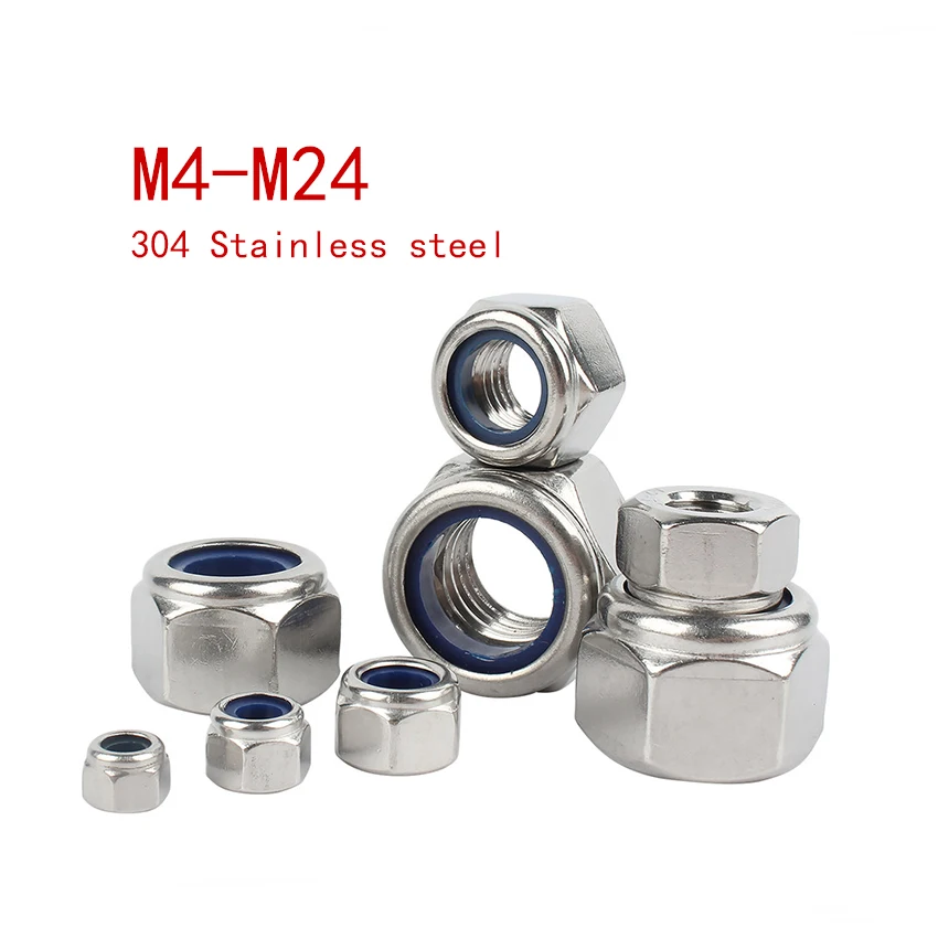 304 Edelstahl Sechskant-Nylon-Sicherungsmutter M3 M4 M5 M6 M8 M10 M12 M14 M16 M18 M20 M22 M24