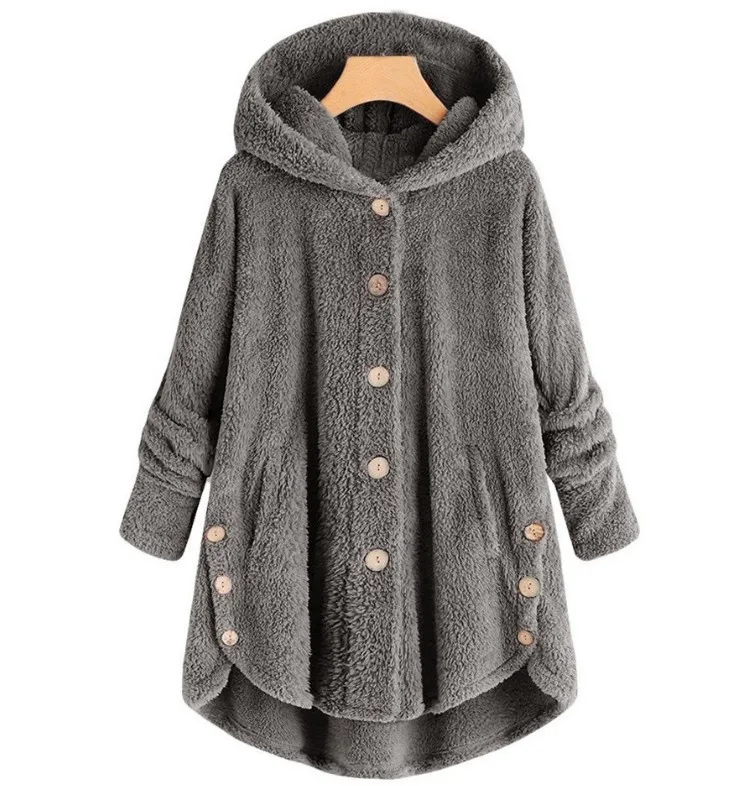 

Color Buttonhooded Midlong Pure Color Coat Zipper Closure Long Sve Loose Fit Women's Faion Autumn Outerwear