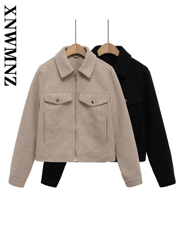 

XNWMNZ 2025 Autumn New Woman Fashion Chic Long Sleeve Turn-down Collar Jacket Casual Commuting Lady Simple Coat zipper