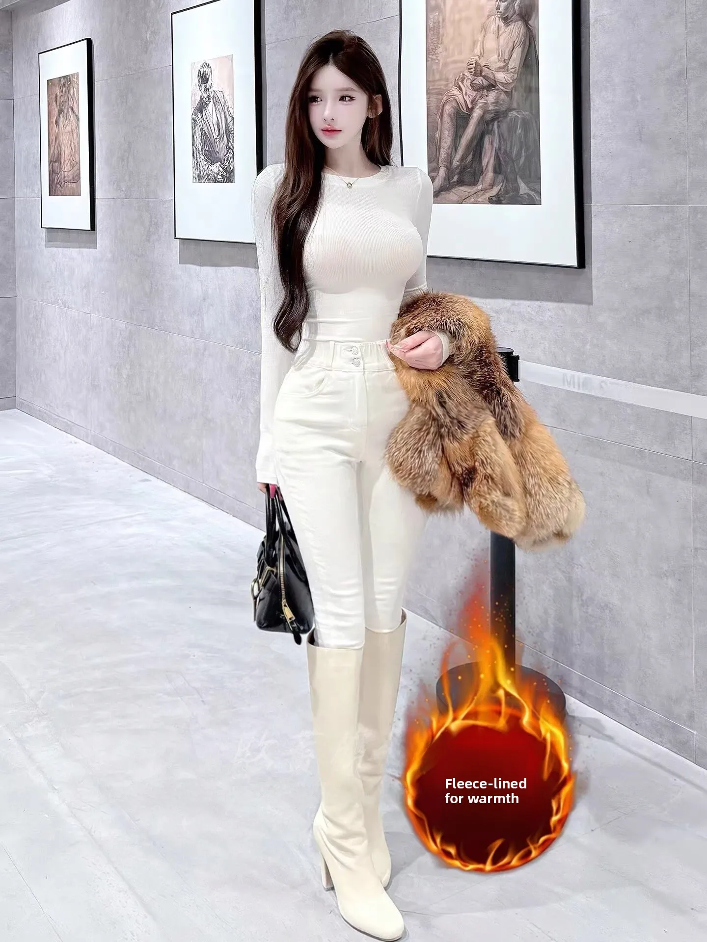 

Женские джинсы с высокой талией, облегающие, на флисовой подкладке, с двойным эластичным поясом, укороченные (7/8), осенне-зимние, модные, Cleanfit