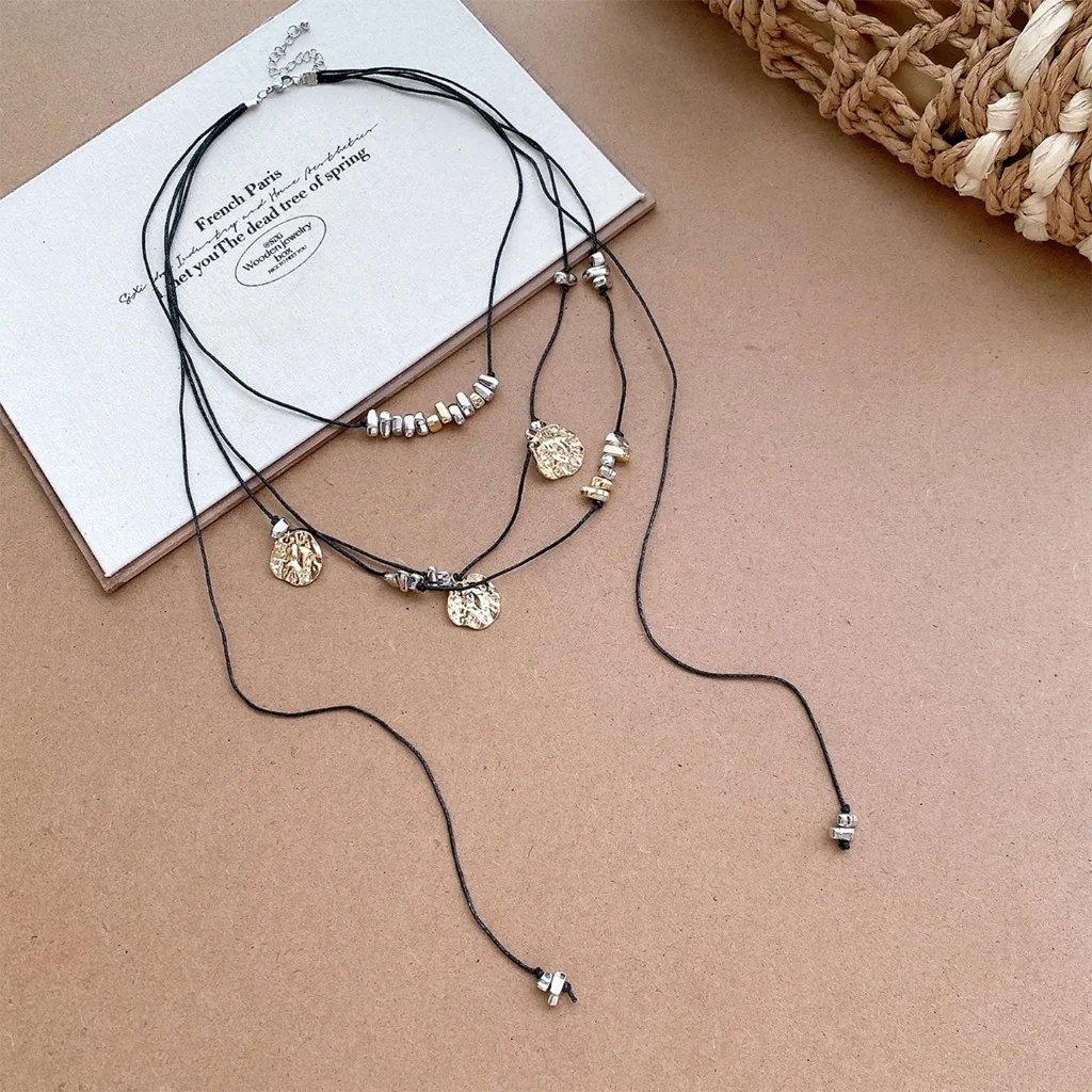 Boho Multi‑Strand Wax Cord Necklace Hammered Disc Pendant Mixed Color Beads Women Vintage Ethnic Fashion Jewelry