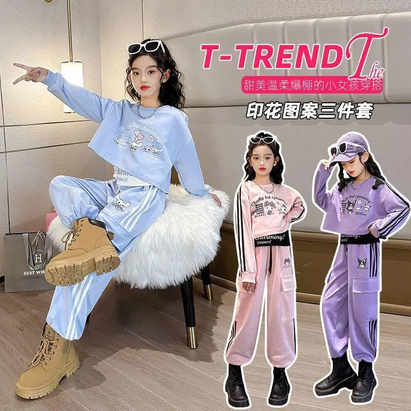 

Sanrio для девочек, 3 шт., повседневный свитшот Kuromi, Cinnamoroll, весенне-осенние детские рабочие штаны, новый стиль, модная горячая осенняя куртка