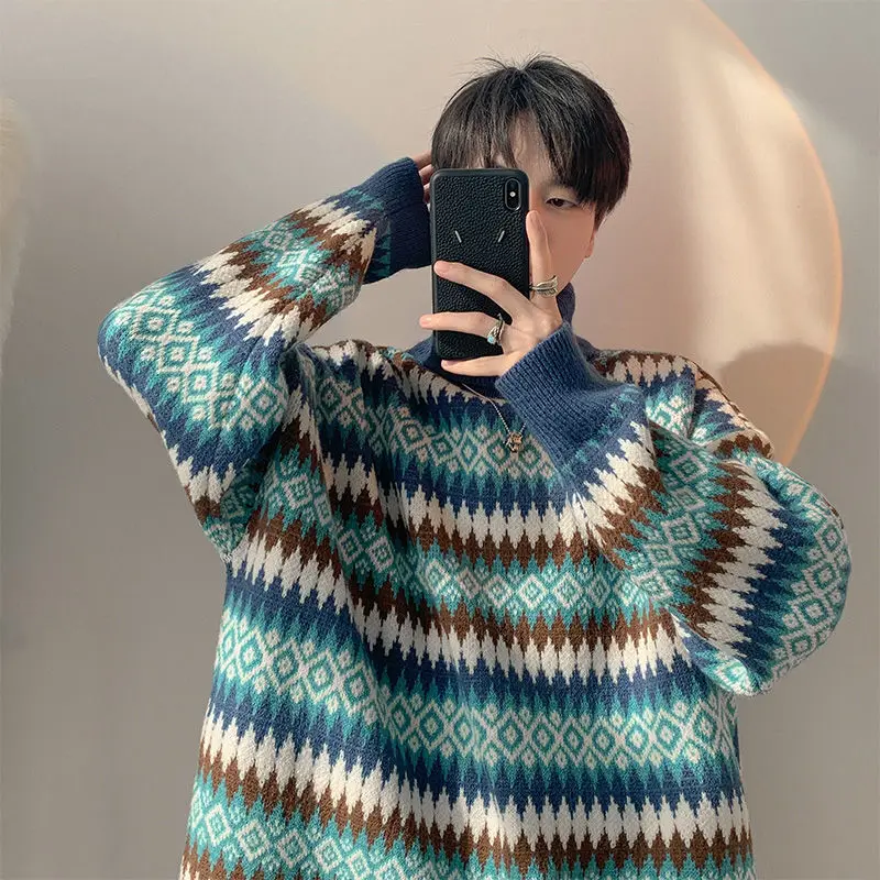 

High street sweater men's chic Hong Kong style retro jacquard striped turtleneck sweater autumn and winter loose coat y2k tops