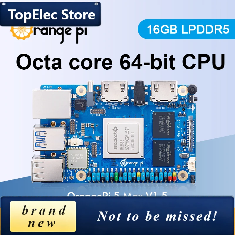 TopElec Orange Pi 5 Max 16GB V1.5 Single Board Computer LPDDR5 8 Core Rockchip RK3588 Mini PC 6 Tops NPU Microcomputer Run AI Ta
