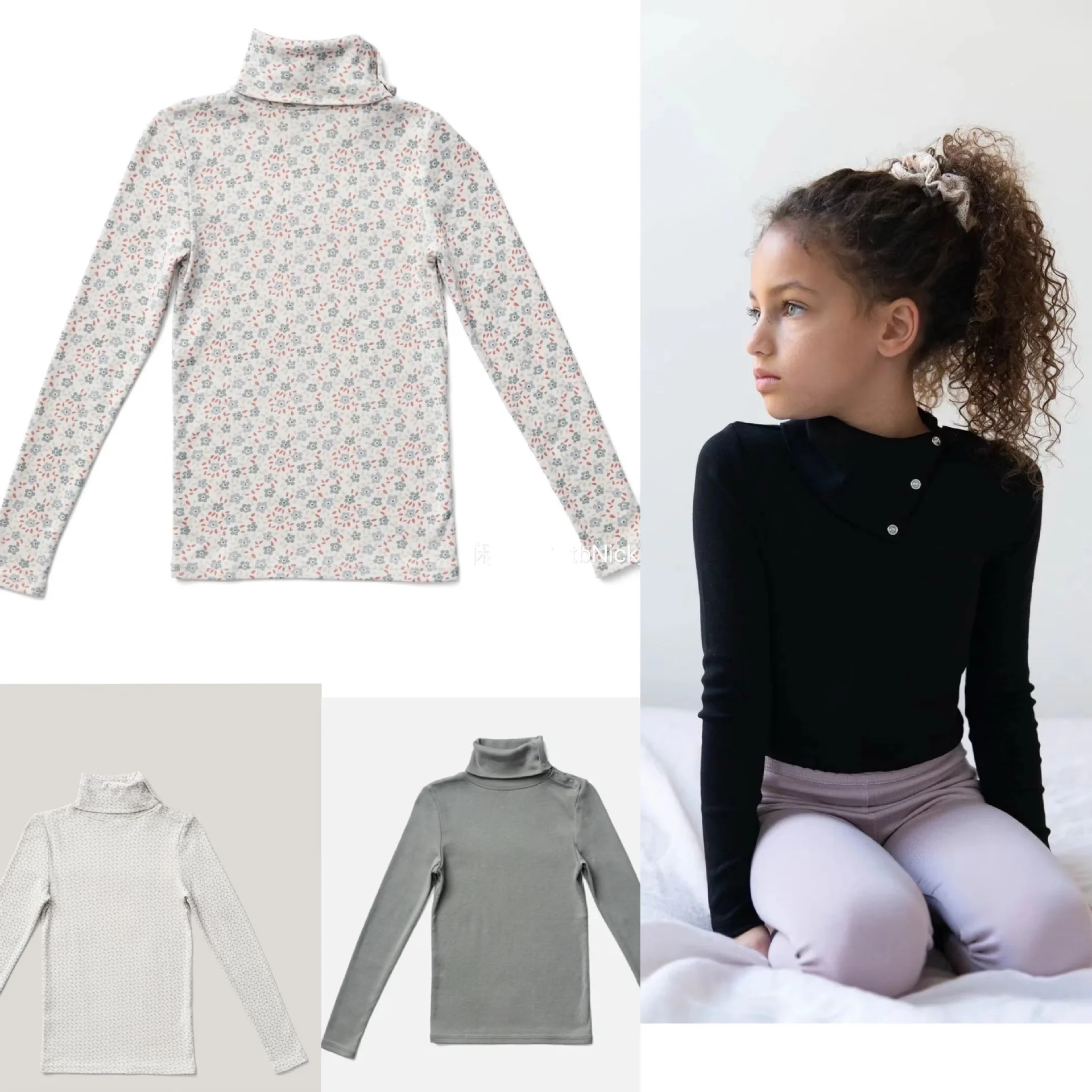 

Girls' Long-Sleeve T-Shirt 2025 Fall/Winter New Arrival Printed Fashion High-Neck Boy/Girl Base Layer Pure Cotton Cute Bodysuit