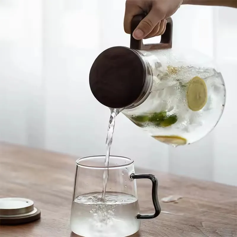 Large Capacity 2000ML Glass Cold Water Jug Heat Resistant Water Pot With Wooden Handle Filter Lid Juice Glass Pitcher Bottle - view 4