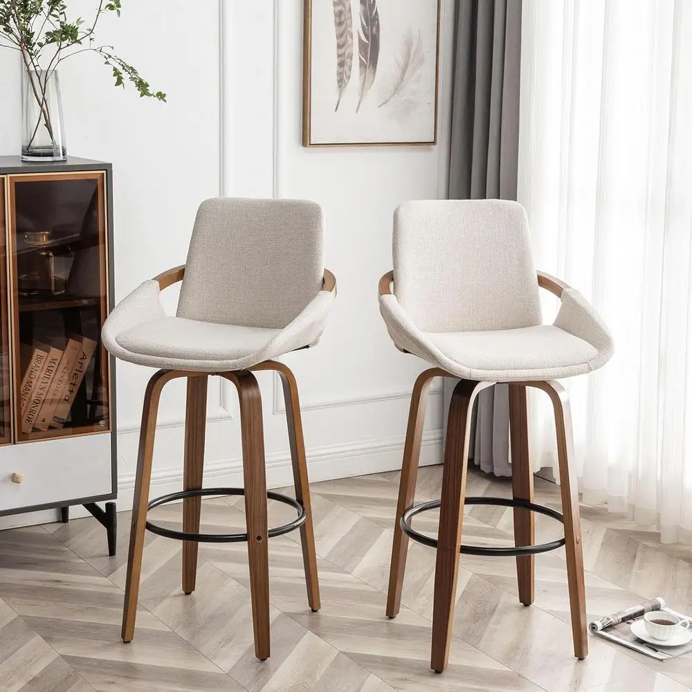 カウンターハイトバースツール2脚セット ミッドセンチュリーモダン レトロバーチェア チャコールベージュ リネン風ファブリック張り ウォールナット材